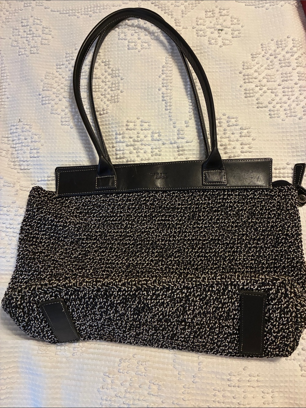 The Sak Black & White crocheted Satchel with Black Leather Trim